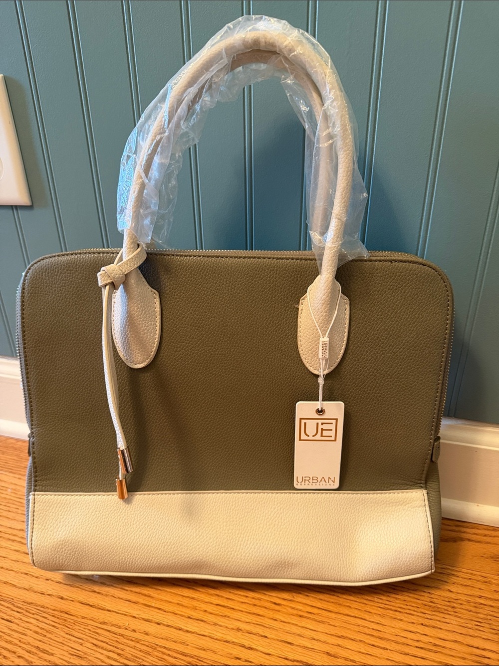Urban Expressions Olive and Cream Structured Leather Tote